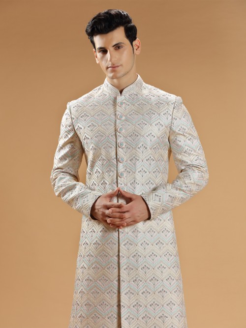 Cream raw silk elegant sherwani for weddings