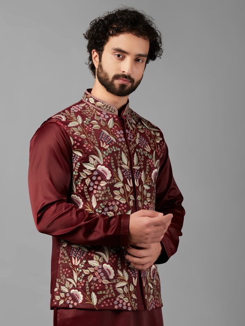 Shiny silk maroon waistcoat set