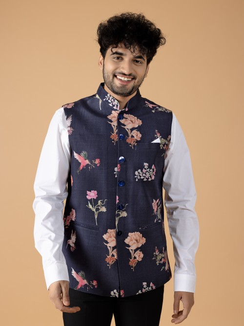 Floral printed navy waistcoat