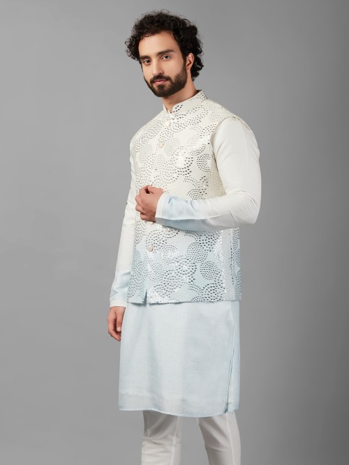 Sky blue and off-white shaded silk waistcoat set