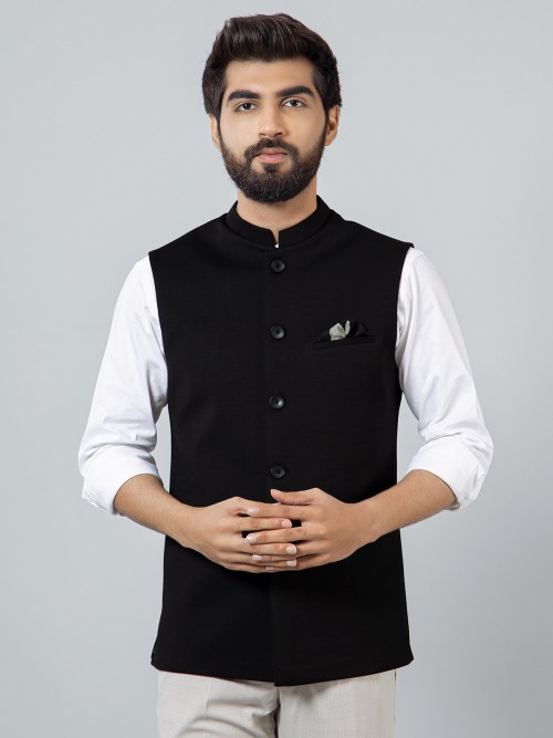 Solid black cotton silk party wear waistcoat for men - G3-MWC2054 ...
