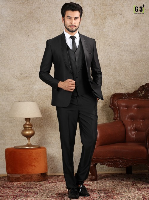 Solid black terry rayon coat suit set for men - G3-MCO1090 | G3fashion.com