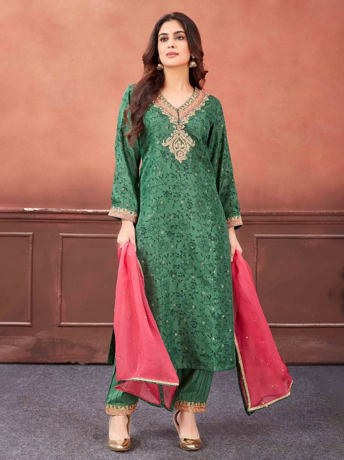 Latest dark green printed salwar suit in silk