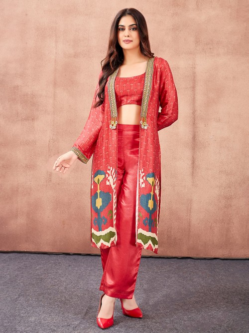 Silk red printed jacket style co-ord set