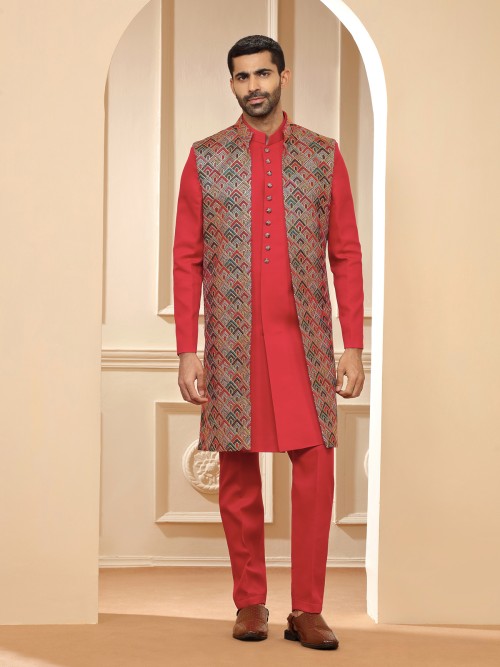 Latest red terry rayon indowestern