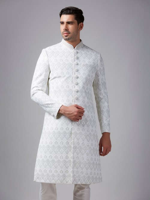 Elegant white silk sherwani for groom