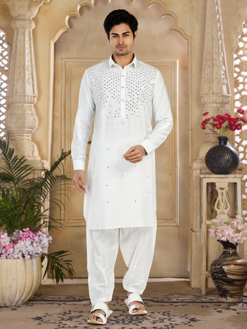 Elegant white cotton pathani suit