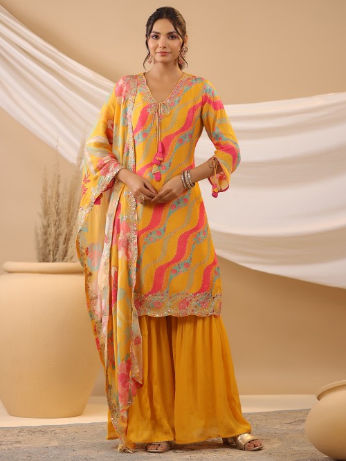 Yellow silk printed sharara set with dupatta