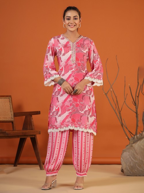 Pink silk printed co ord set for casual