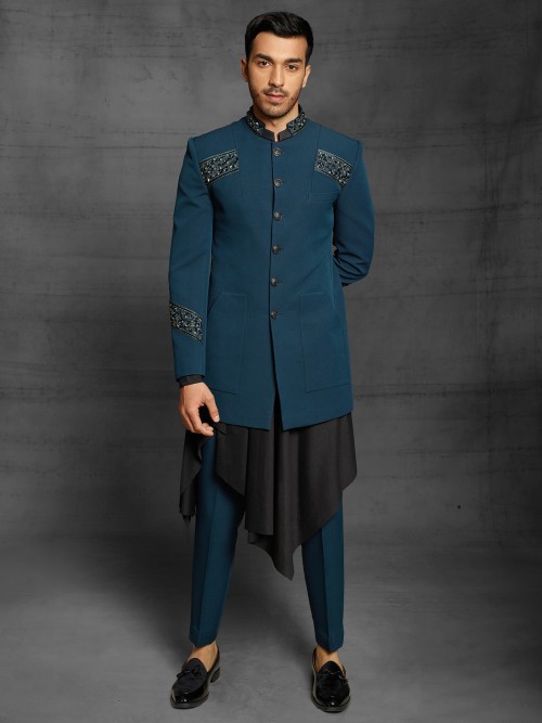 Teal BlueTerry Rayon Jodhpuri Suit