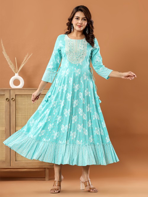 Casual Kurti Cotton Aqua Blue Embroidered Kurtis – Kajols - Indian &  Pakistani Fashion & Tailoring