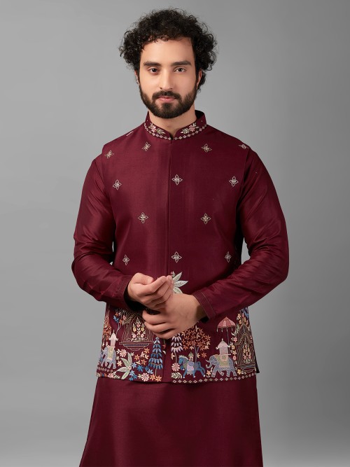 Newest maroon silk waistcoat set