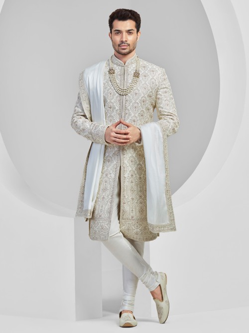 Stylish off white silk sherwani