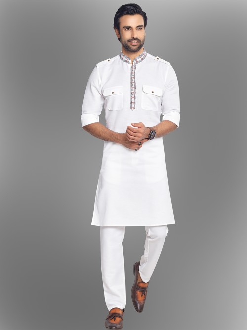 White cotton plain festive pathani suit
