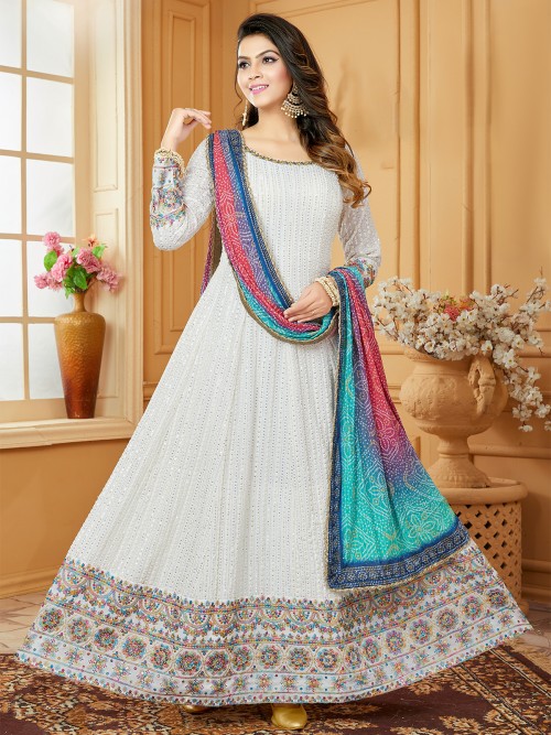 White Georgette Anarkali Suit with Contrast Dupatta