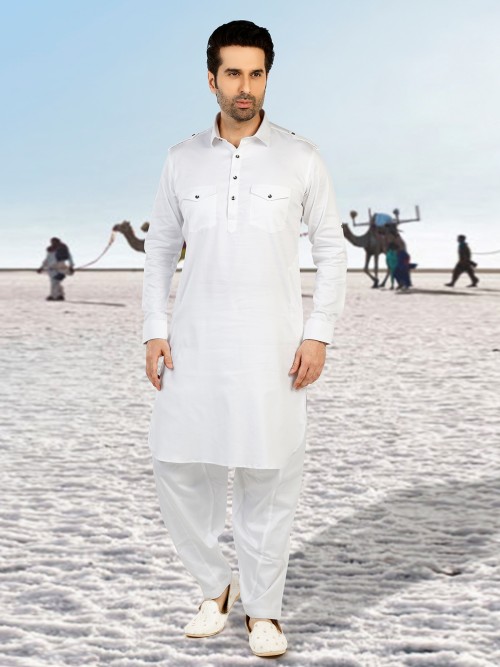 White cotton plain pathani suit