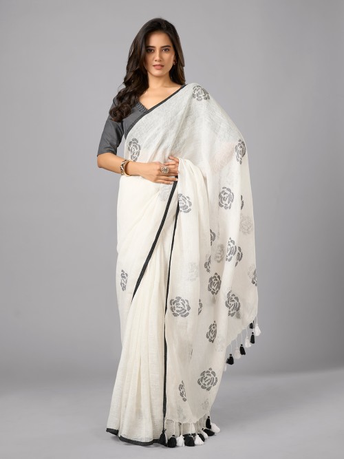 White linen printed saree