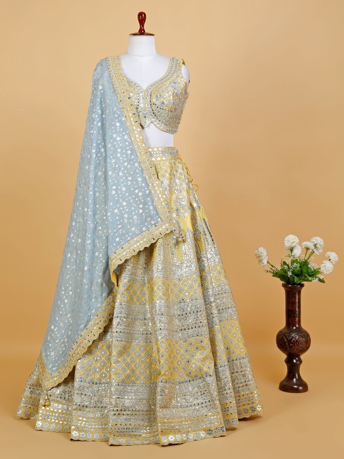 Women's Stunning Blue & Yellow Net Lehenga Choli (Free Size) - Fshoppers |  Designer blouse patterns, Lehnga designs, Beautiful frocks