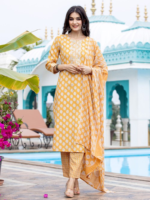 Beautiful yellow printed casual kurti set