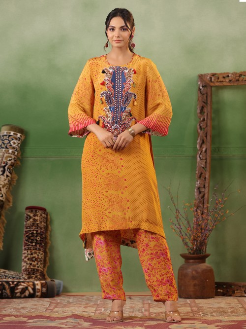 Yellow printed silk kurti with pant