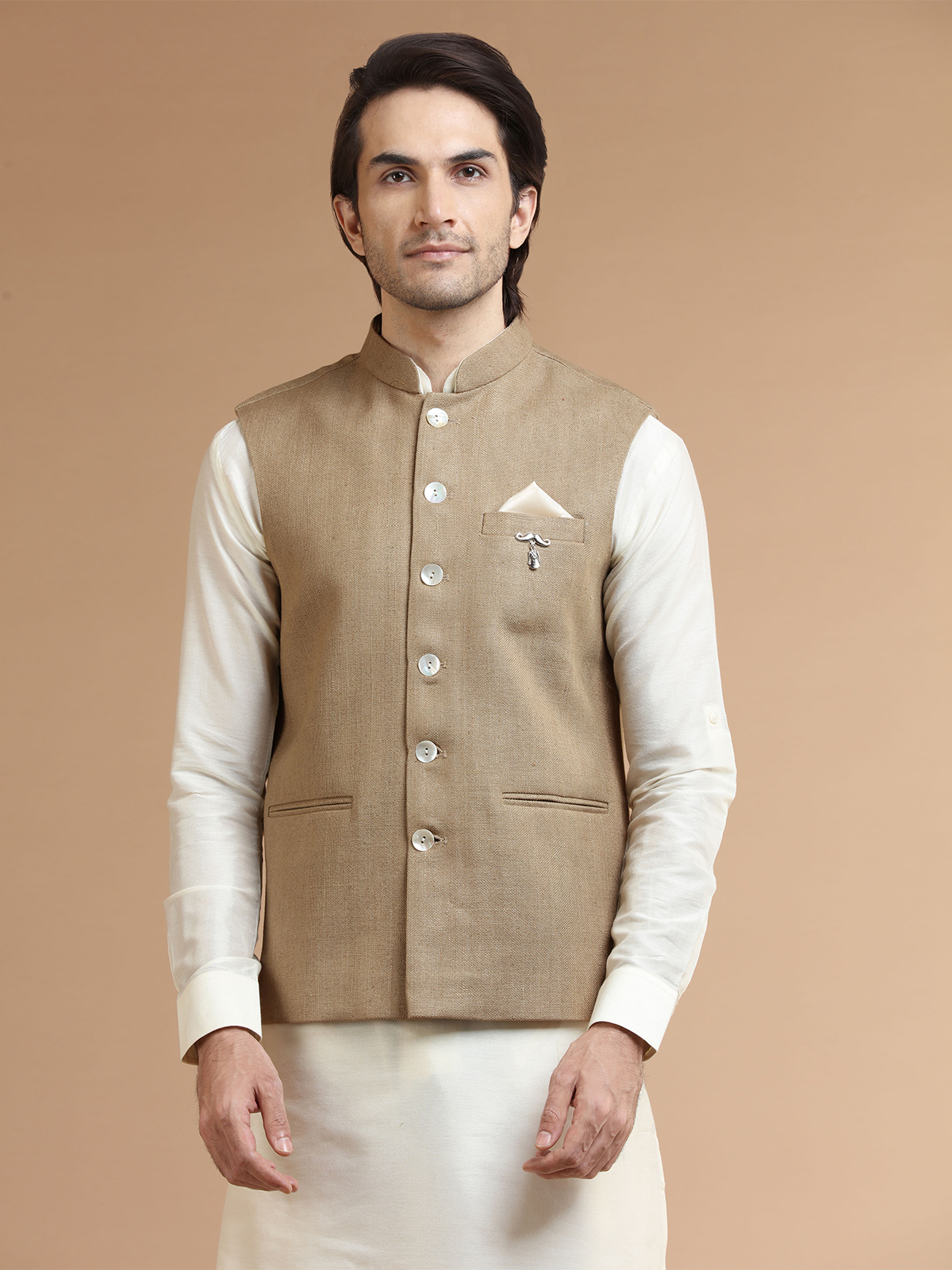 Latest beige waistcoat set in silk G3 MWCS886 G3fashion