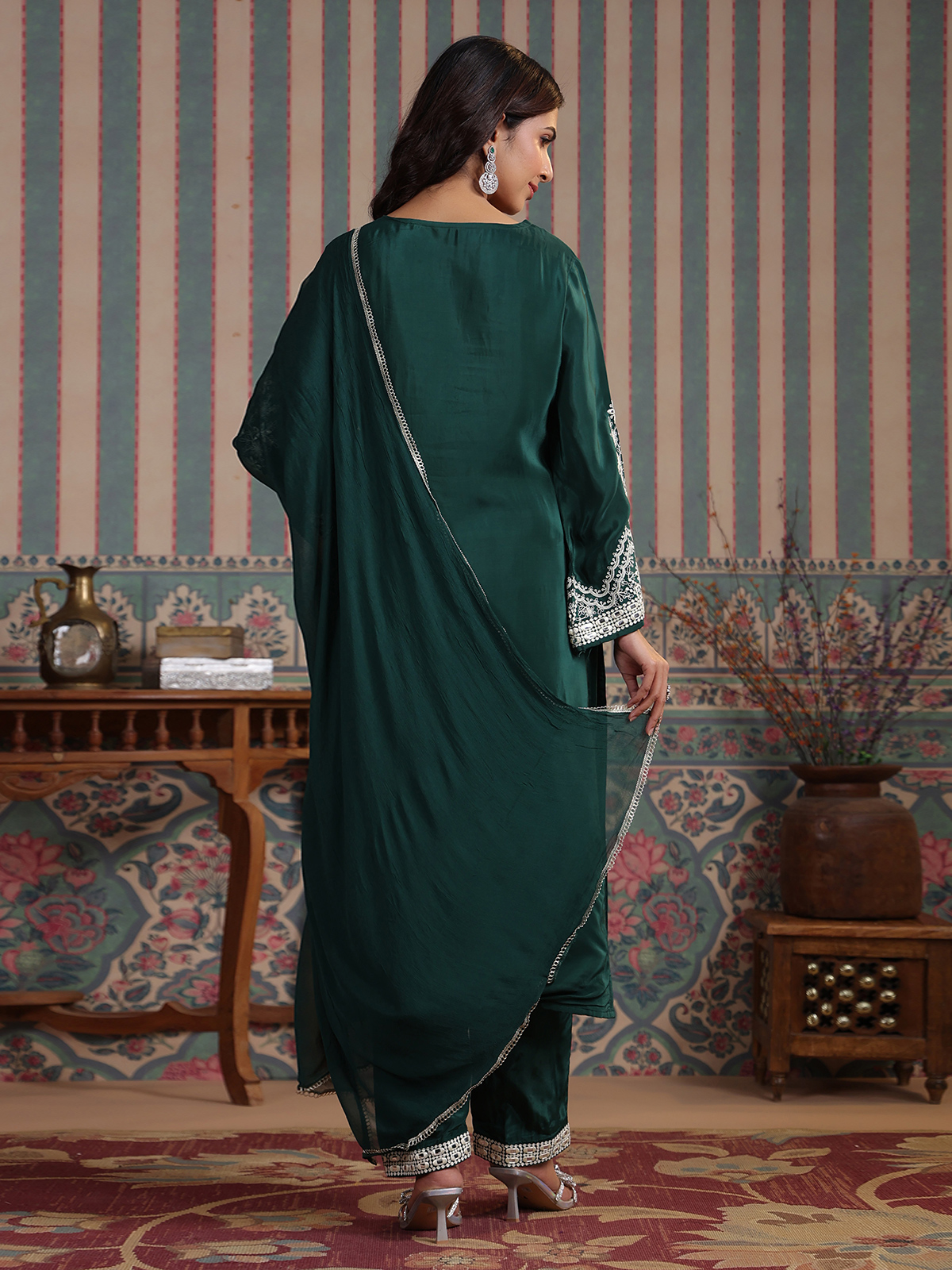 Lavish Art Silk Fabric Casual Wear Dark Green Color Embroidered Work Kurti  With Bottom