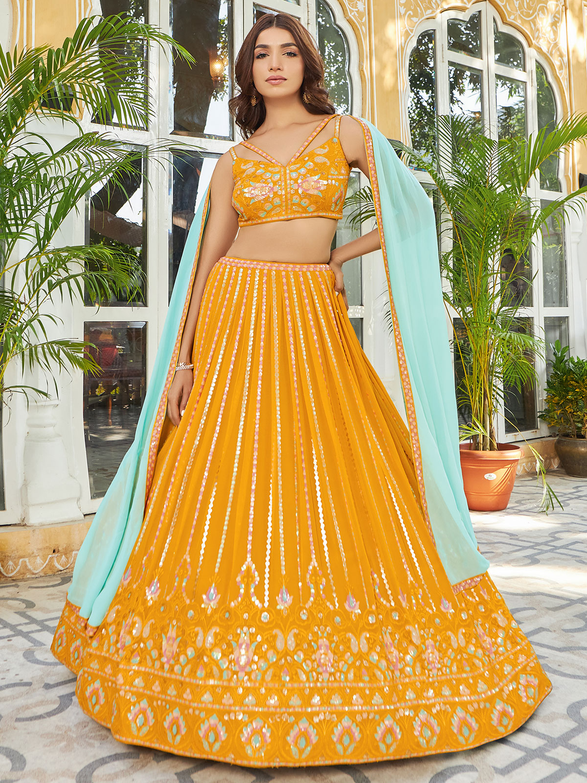 Buy Mustard Yellow Panelled Lehenga Choli Online- Kreeva