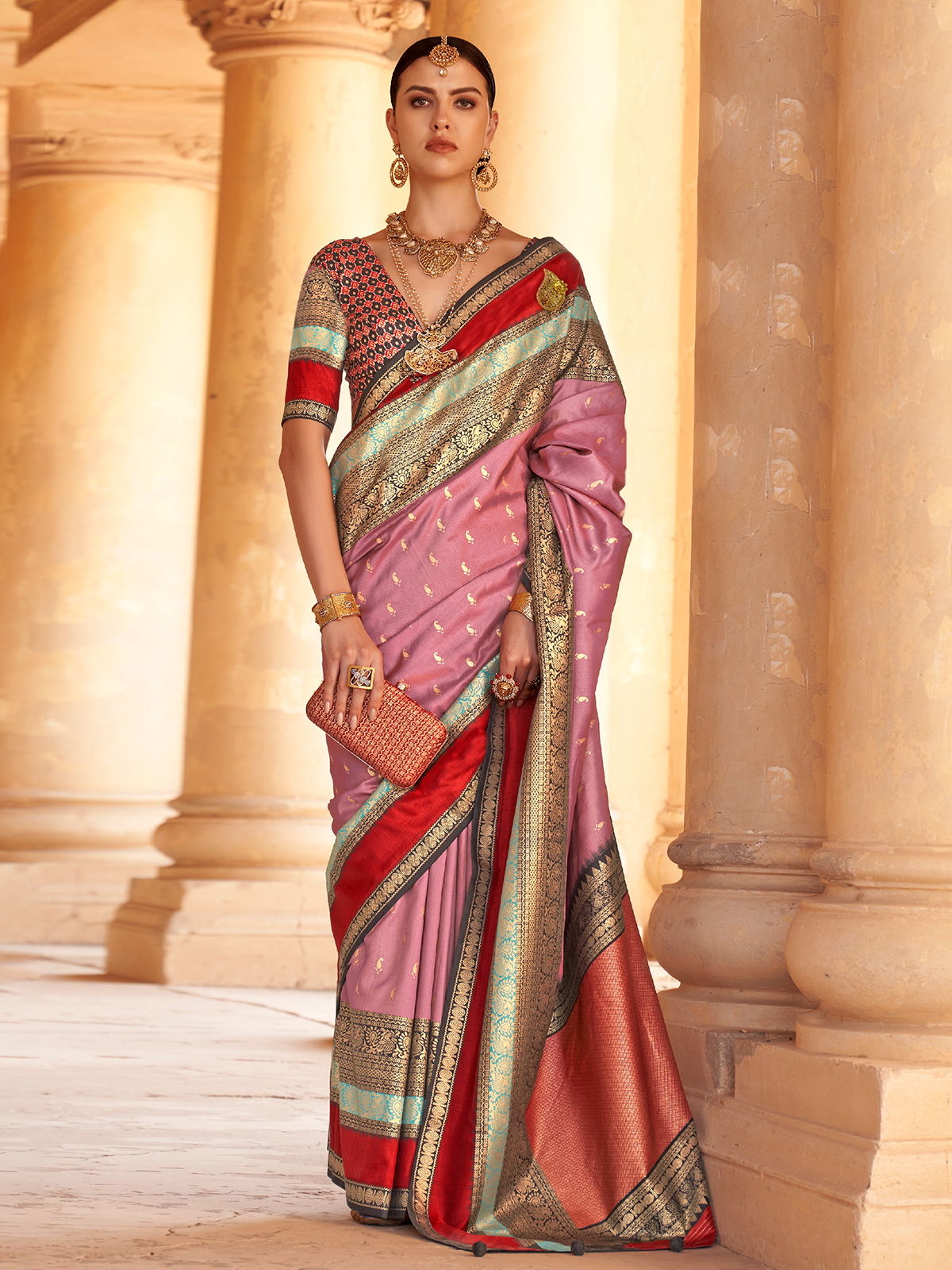 GRUHNAREE ONION EMBROIDERED WORK SILK SAREE WITH BLOUSE - GRUHNAREE -  4061051