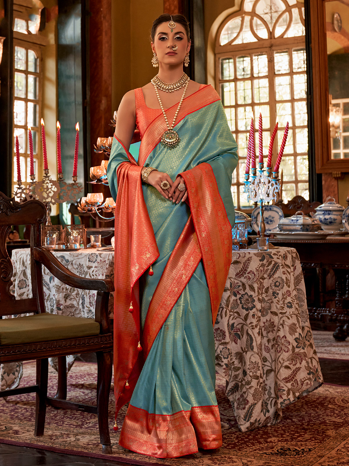 Buy SATADHAR FASHION Woven Kanjivaram Jacquard, Pure Silk Blue Sarees  Online @ Best Price In India | Flipkart.com