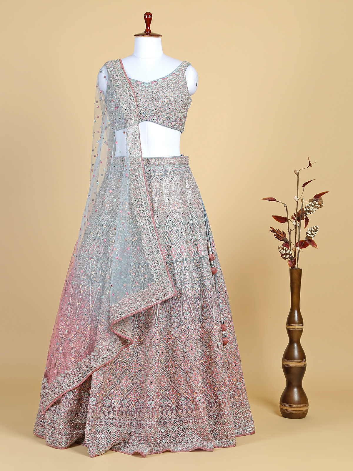 Hot Pink & Grey Woven Silk Meenakari Lehenga Set Design by Aditi Gupta at  Pernia's Pop Up Shop 2024