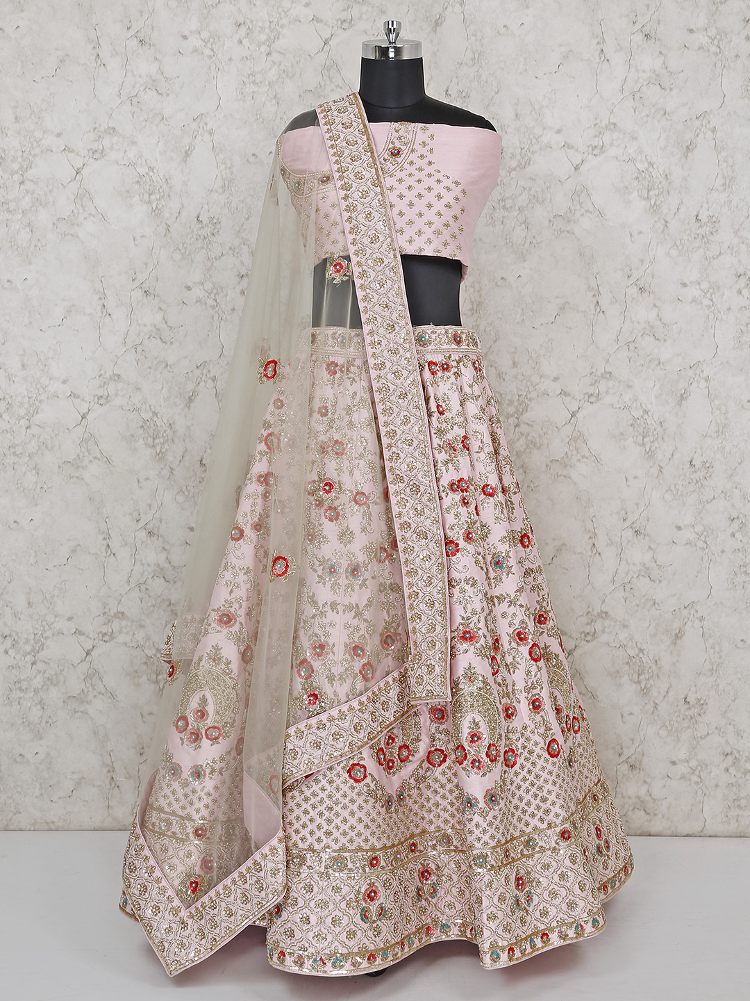 baby pink and red lehenga