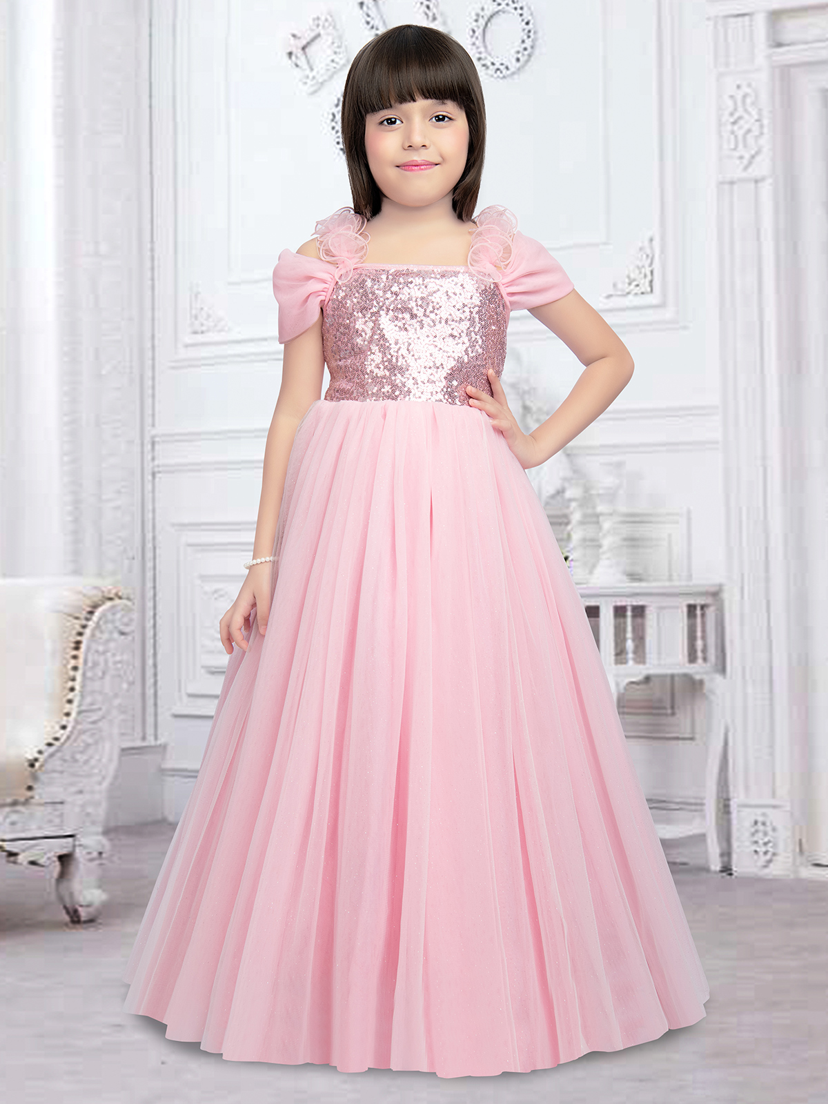 Elegant White Net Beautiful Long Kids Girl Gown WJ50615