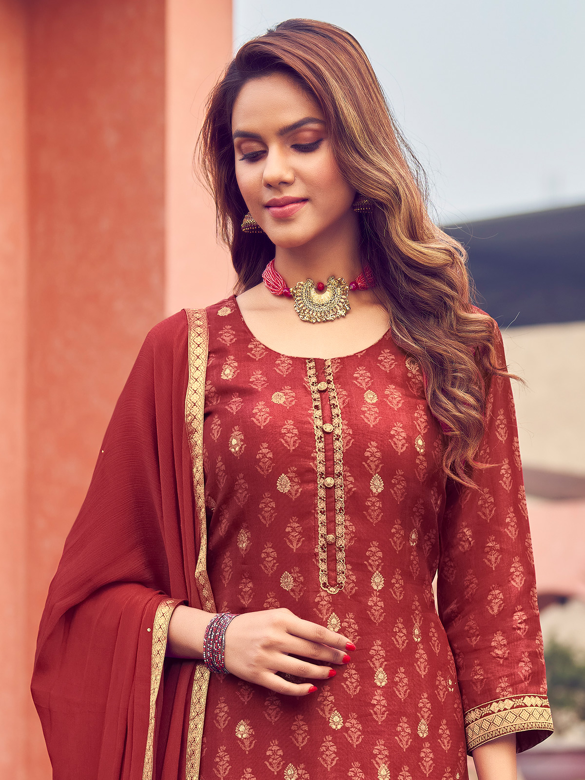 Maroon salwar suit with golden dupatta on sale