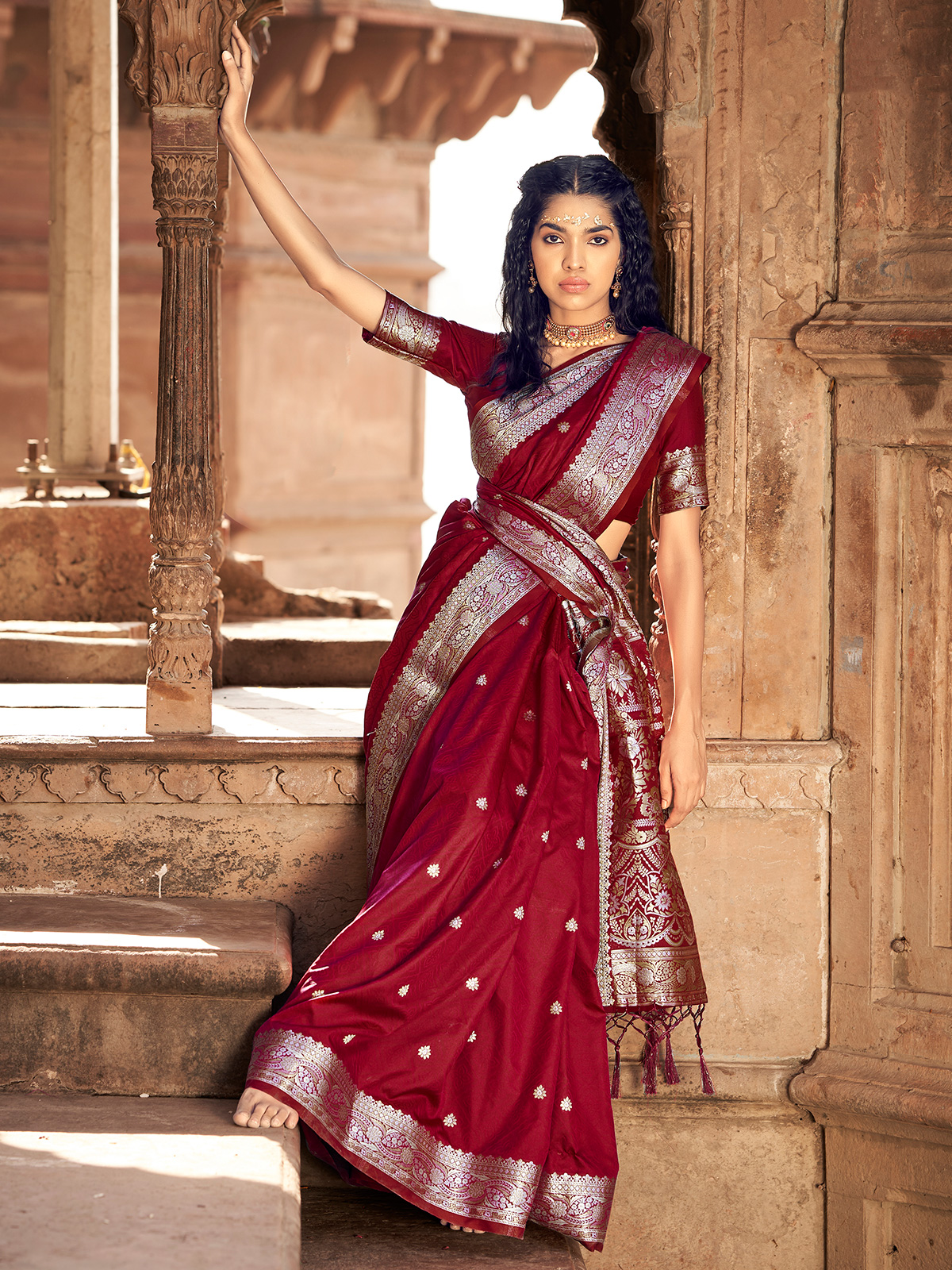 Maroon Traditional Bridal Saree With Blouse 4596SR36