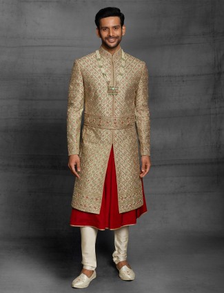  Golden hue silk wedding wear dual layer sherwani