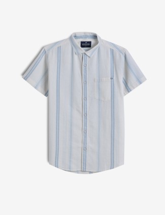  PIONEER cotton cream and blue stripe shirt