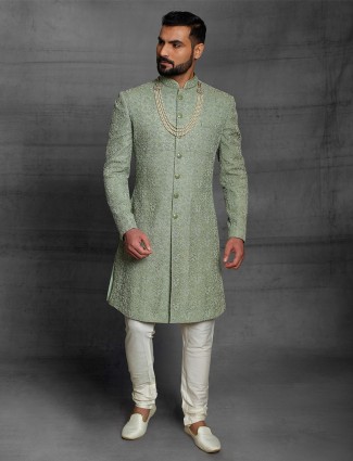 Amazing green silk sherwani for wedding event