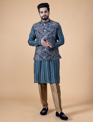 Amazing teal blue silk printed waistcoat set