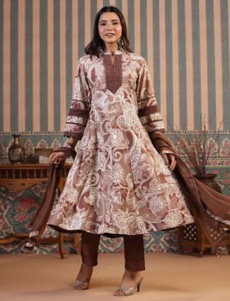 Anarkali style brown cotton kurti set