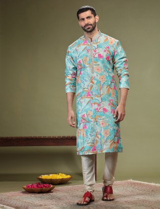 Aqua cotton silk floral printed kurta suit