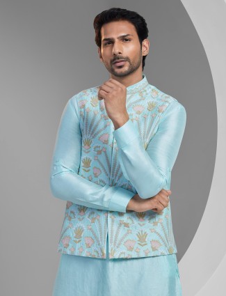 Aqua hue silk waistcoat set for wedding