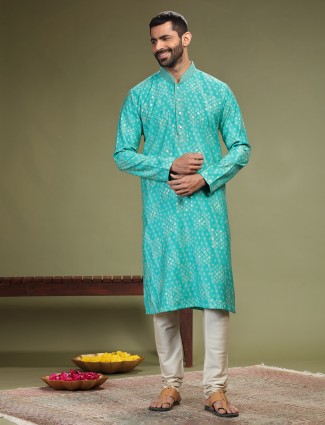 Aqua printed cotton silk kurta suit