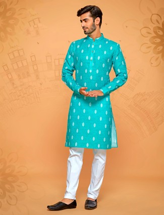 Attractive aqua linen cotton kurta suit