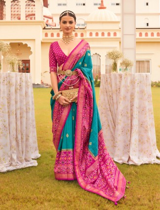 Attractive aqua silk saree for wedding