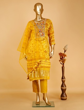Attractive mustard yellow printed salwar suit