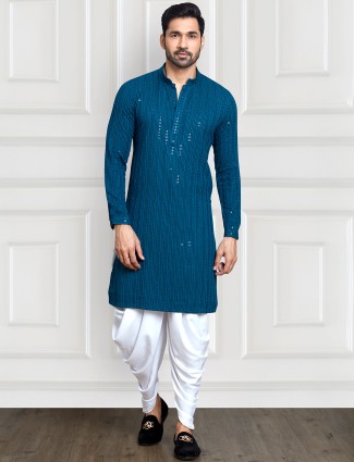 Attractive rama blue embroidery kurta suit