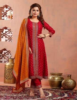 Attractive red silk salwar suit