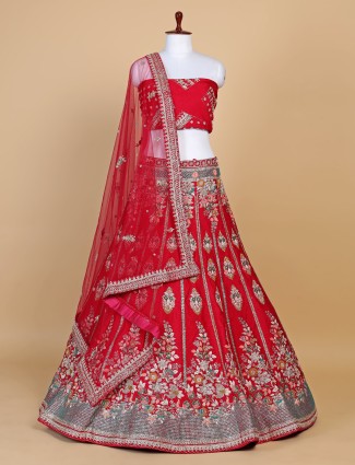 Attractive red silk unstitched lehenga choli