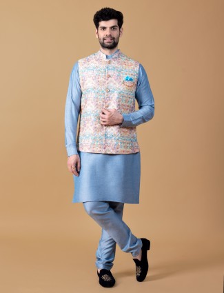 Blue kurta on sale and waistcoat