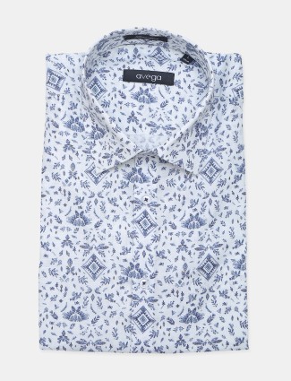 Avega printed white linen slim fit cotton shirt